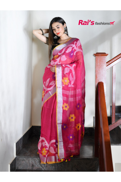 Natural Fabric Linen By Linen Saree With Handweaving Jamdani Work Border And Pallu (RAI203)